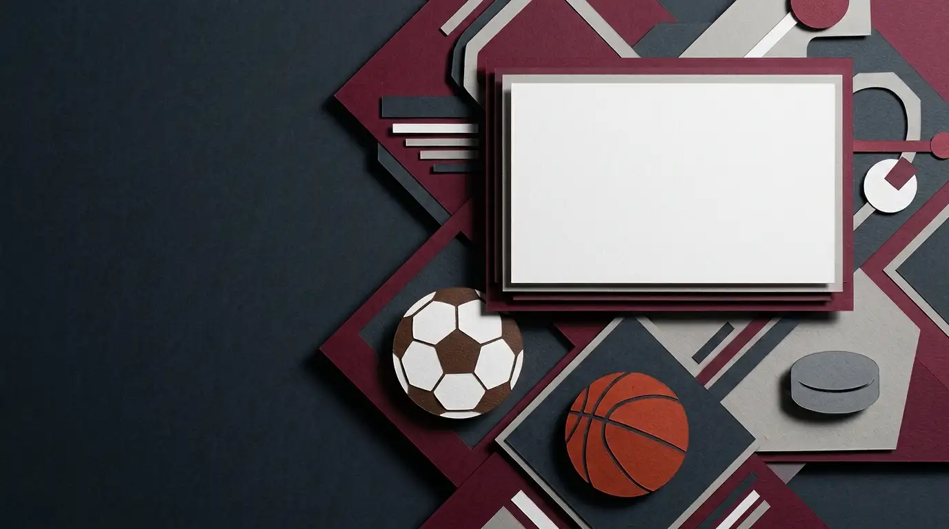Abstract sports display beside football and basketball equipment on a neutral background