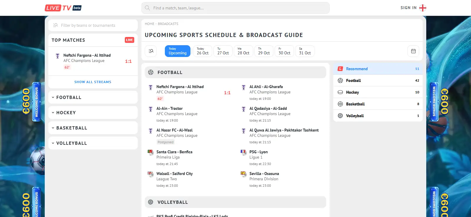 Sports schedule with dates, Today and Upcoming tabs and discipline filters