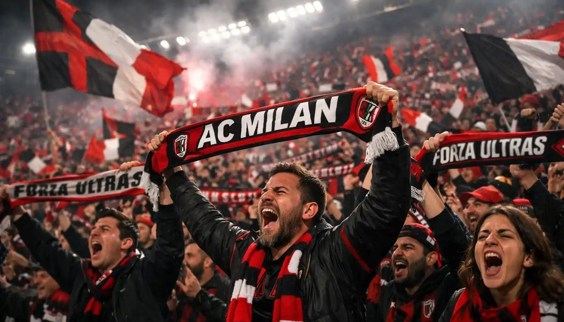 Passionate football supporters with scarves and flags in stadium stands