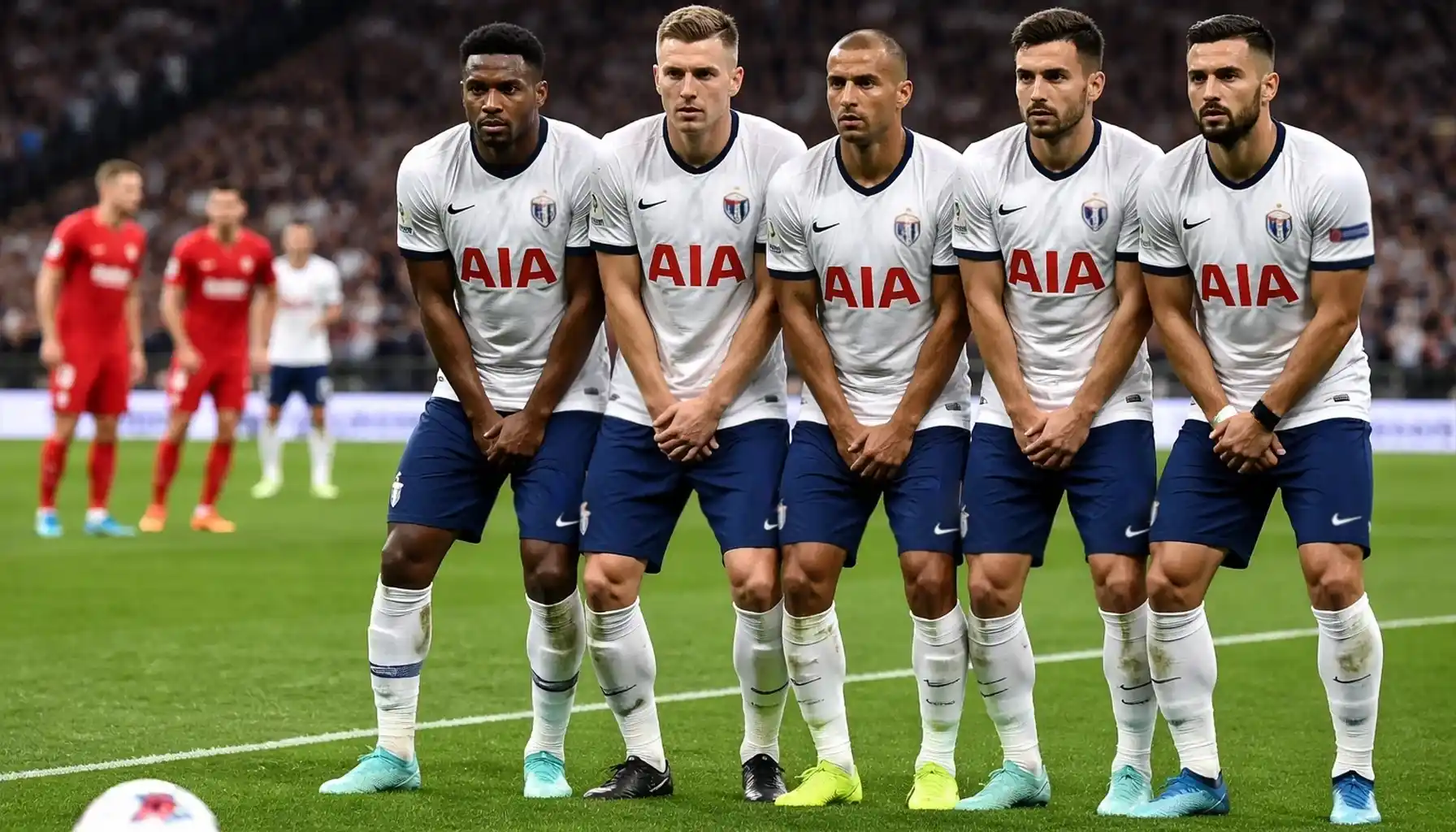 Football defenders forming defensive wall during free kick
