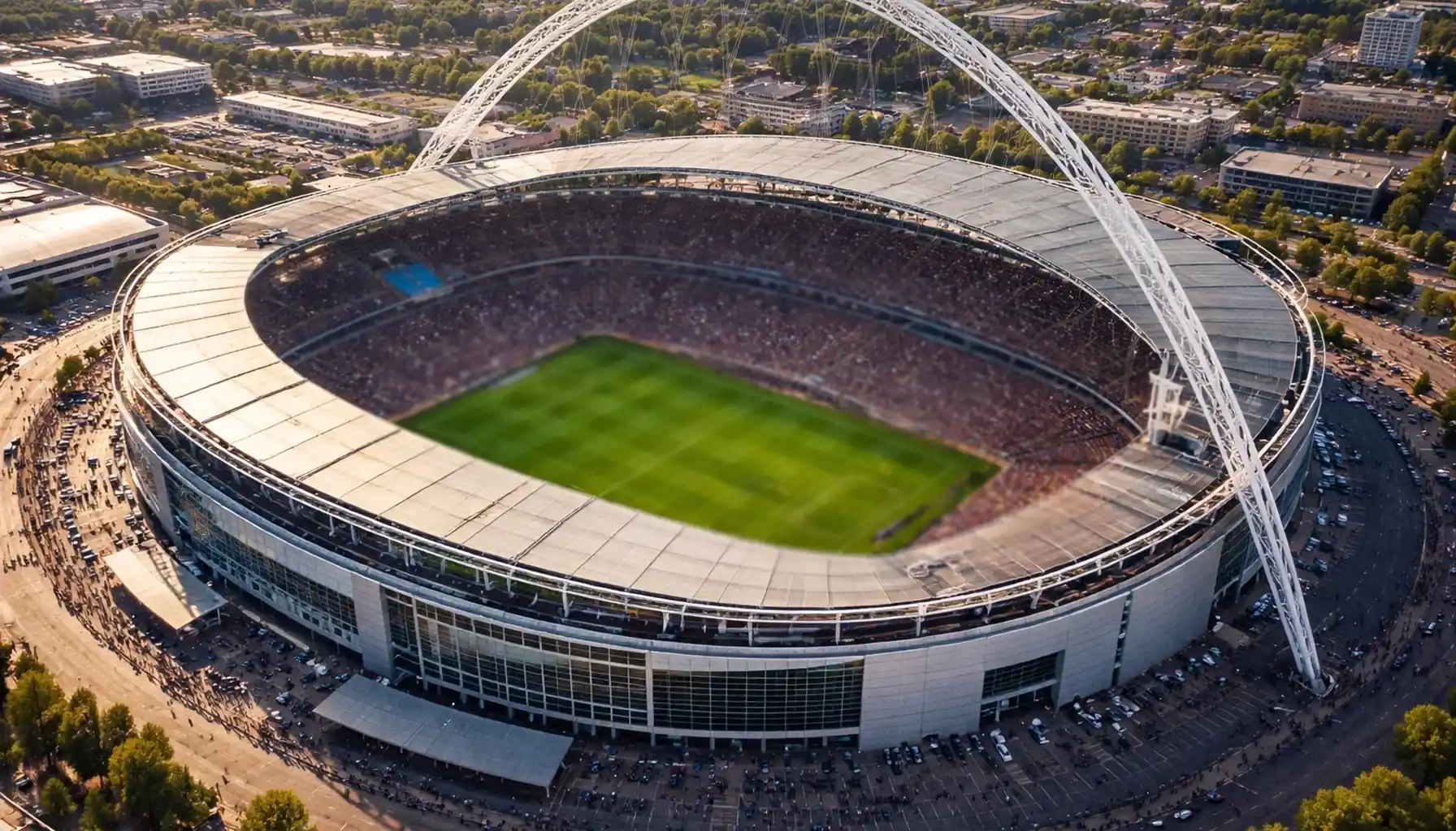 Aerial view of national football stadium on match day