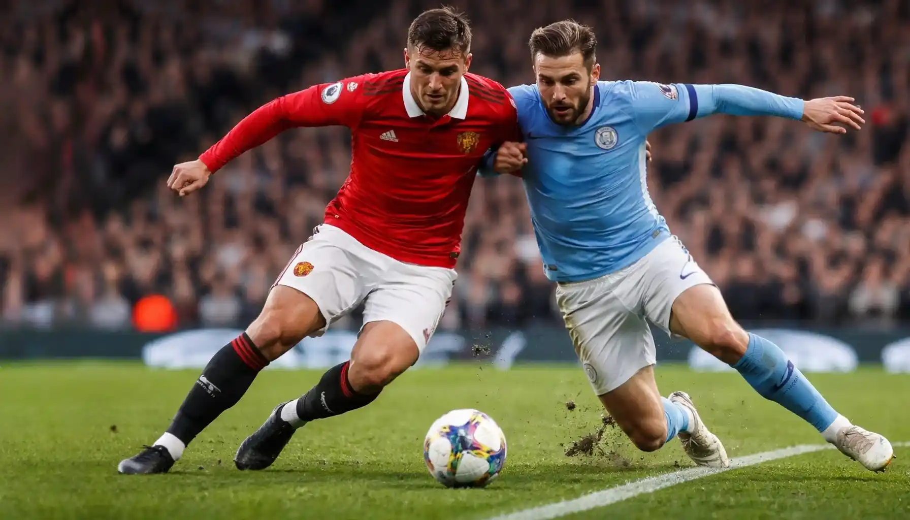 Football players in intense physical challenge during derby match