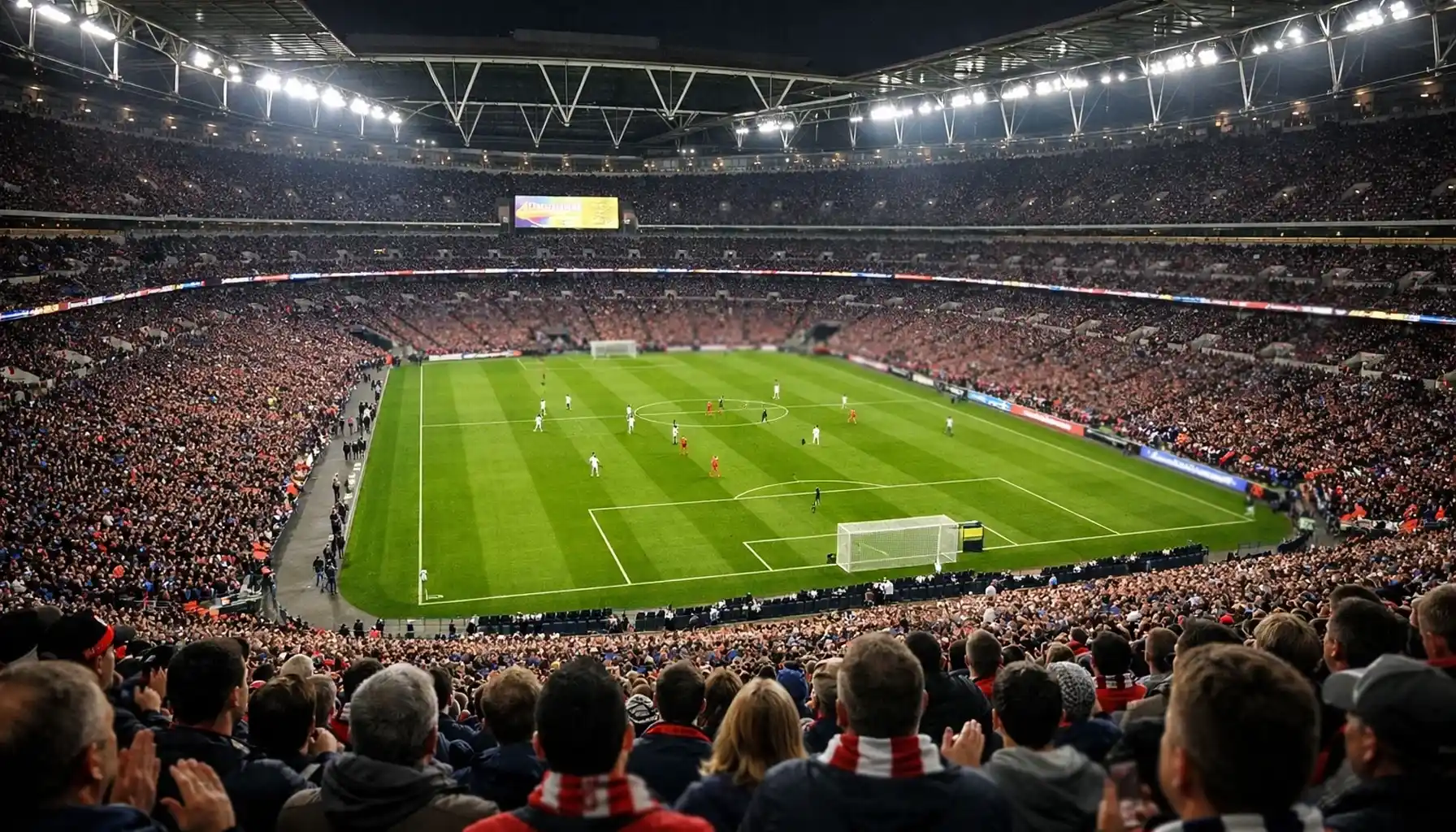 Inside view of packed football stadium with supporters and green pitch