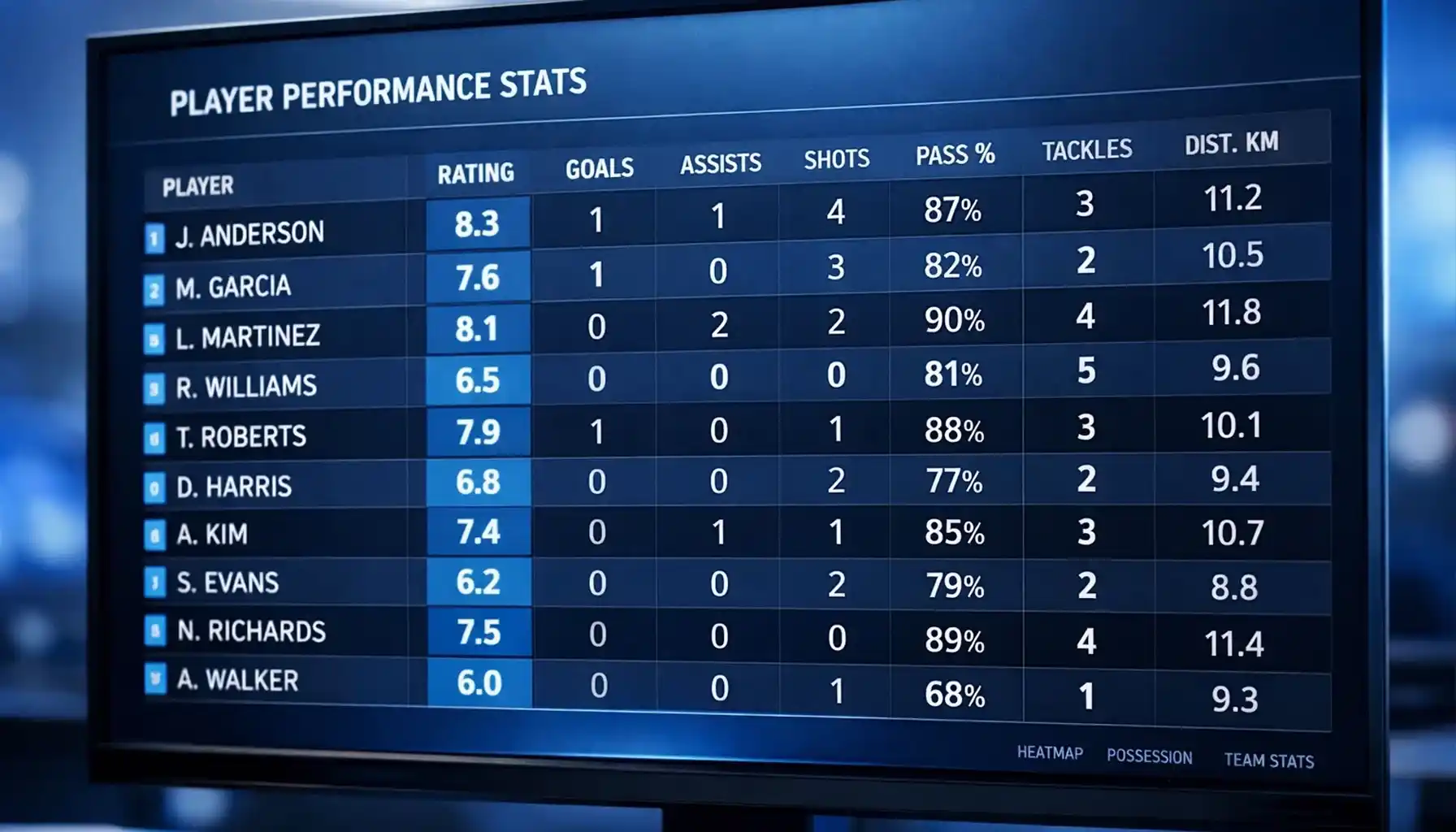 Football performance statistics displayed on screen