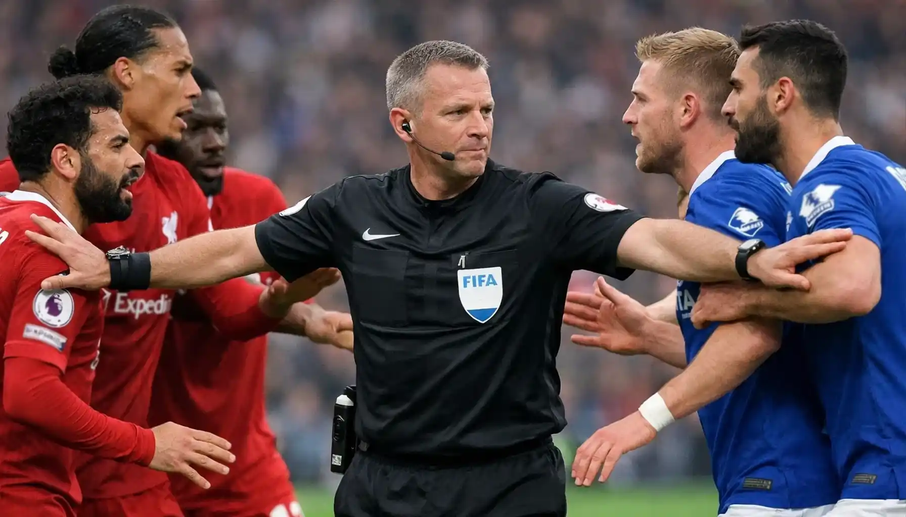 Football referee managing players during heated match moment
