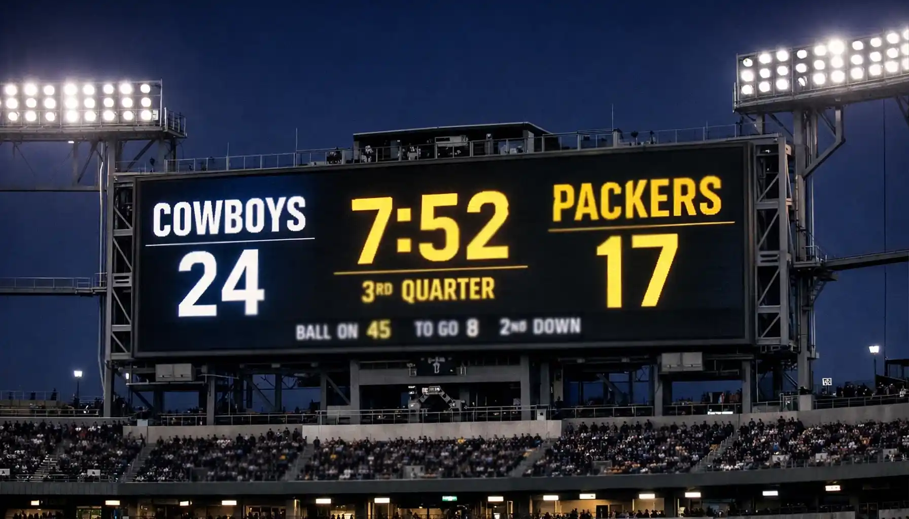 Stadium scoreboard showing match score during evening game