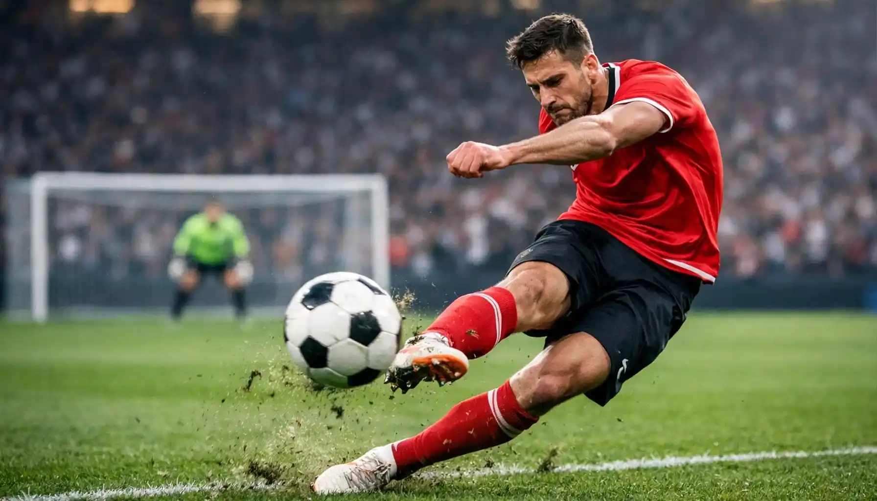 Football player taking shot on goal during match