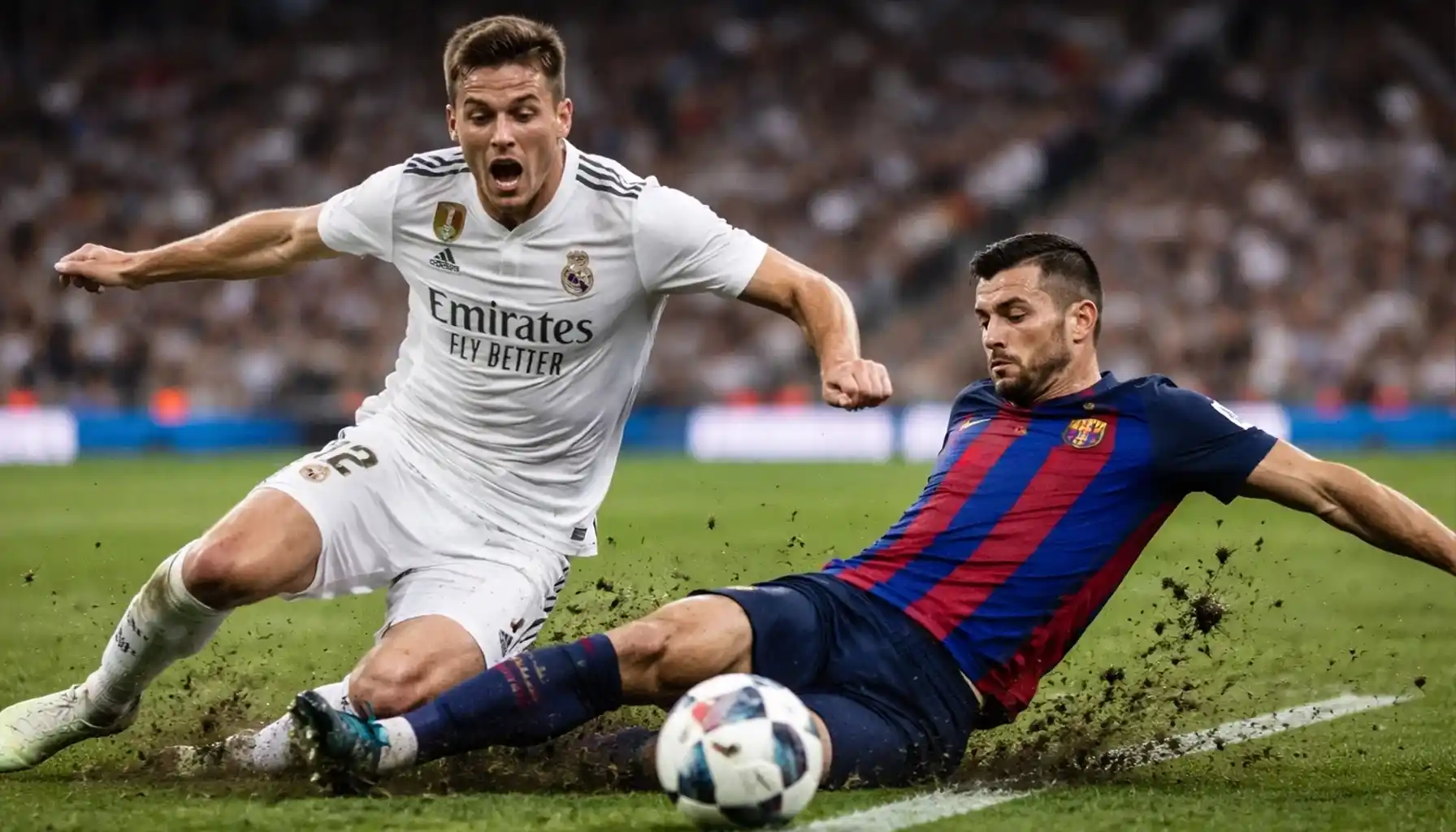 Football players in hard tackle challenge during competitive match